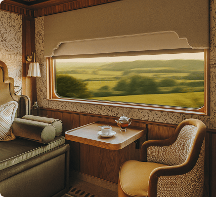 Wood-paneled luxury train cabin with brass fittings and white linens
